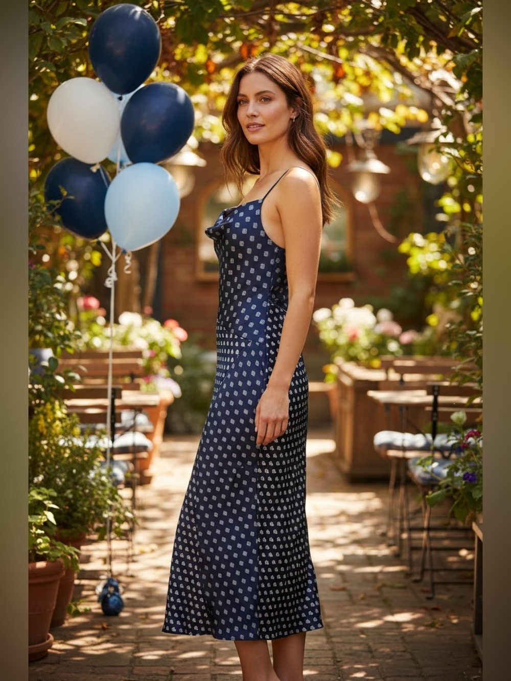 1.STATE Maxi Dress Sz S NWT Classic Navy Mixed Print Cowl Neck Spaghetti Strap